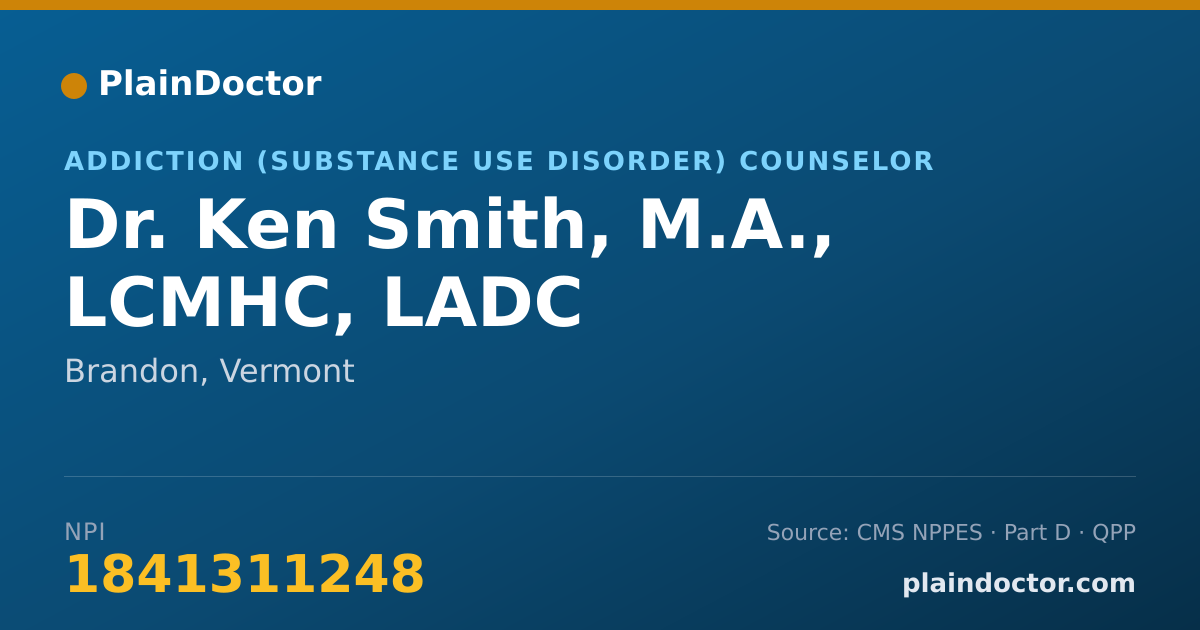 Shareable card for Ken Smith, M.A., LCMHC, LADC - Addiction (Substance Use Disorder) Counselor, Brandon, VT