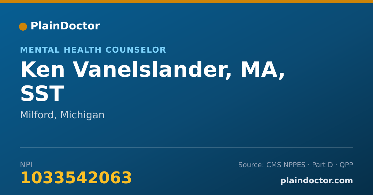 Shareable card for Ken Vanelslander, MA, SST - Mental Health Counselor, Milford, MI