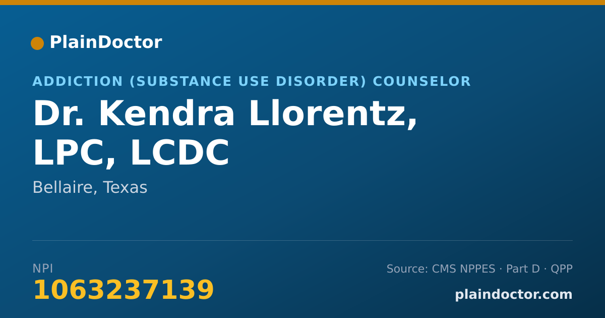 Shareable card for Kendra Llorentz, LPC, LCDC - Addiction (Substance Use Disorder) Counselor, Bellaire, TX