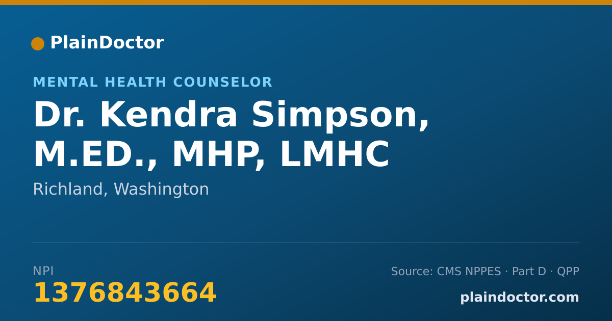 Shareable card for Kendra Simpson, M.ED., MHP, LMHC - Mental Health Counselor, Richland, WA