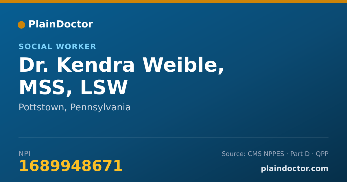 Shareable card for Kendra Weible, MSS, LSW - Social Worker, Pottstown, PA