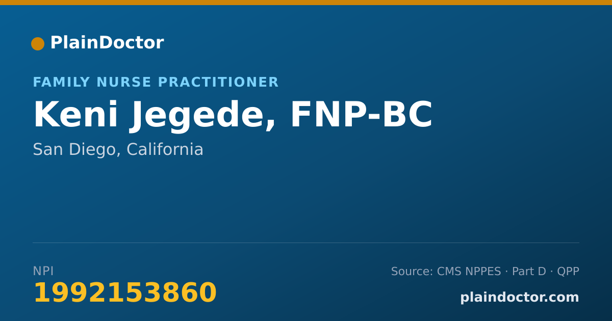 Shareable card for Keni Jegede, FNP-BC - Family Nurse Practitioner, San Diego, CA