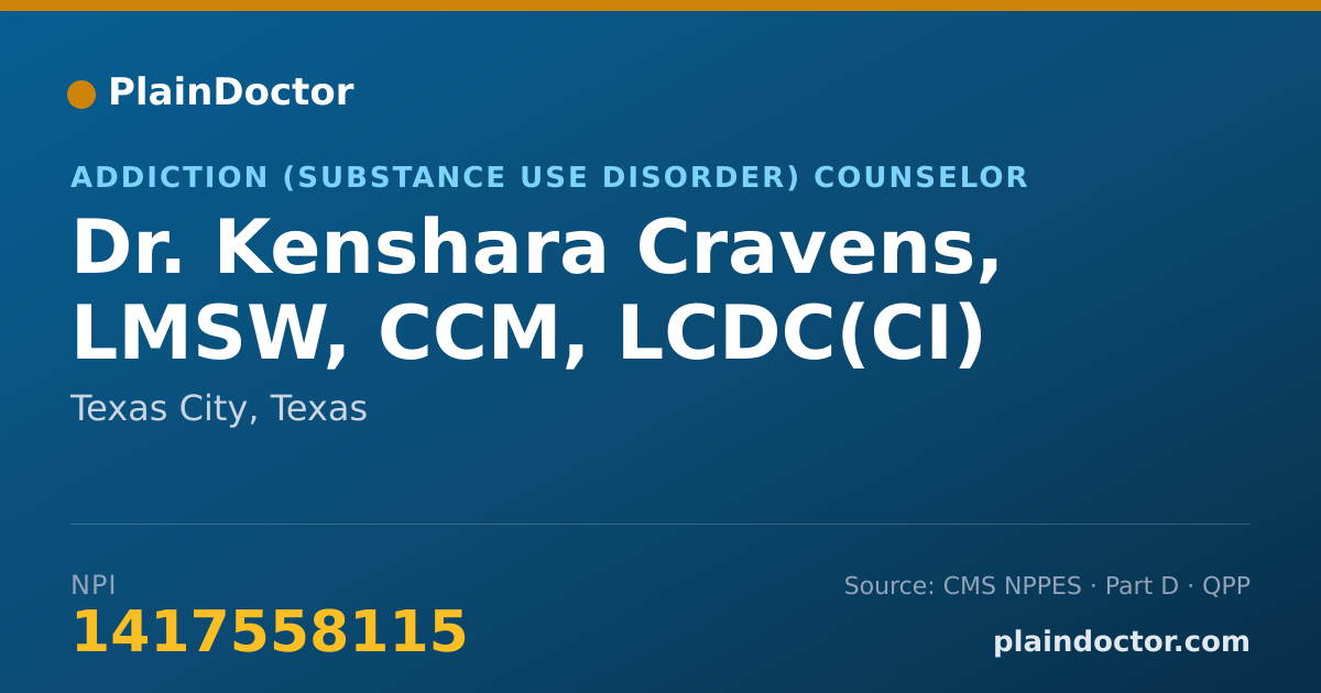 Shareable card for Kenshara Cravens, LMSW, CCM, LCDC(CI) - Addiction (Substance Use Disorder) Counselor, Texas City, TX