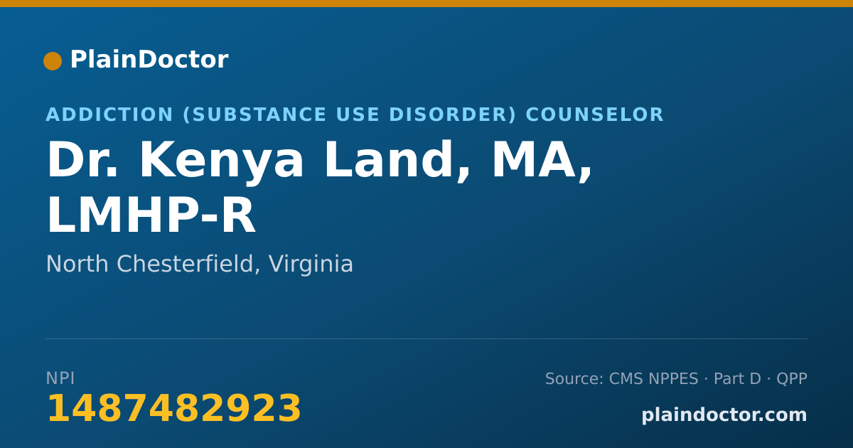 Shareable card for Kenya Land, MA, LMHP-R - Addiction (Substance Use Disorder) Counselor, North Chesterfield, VA