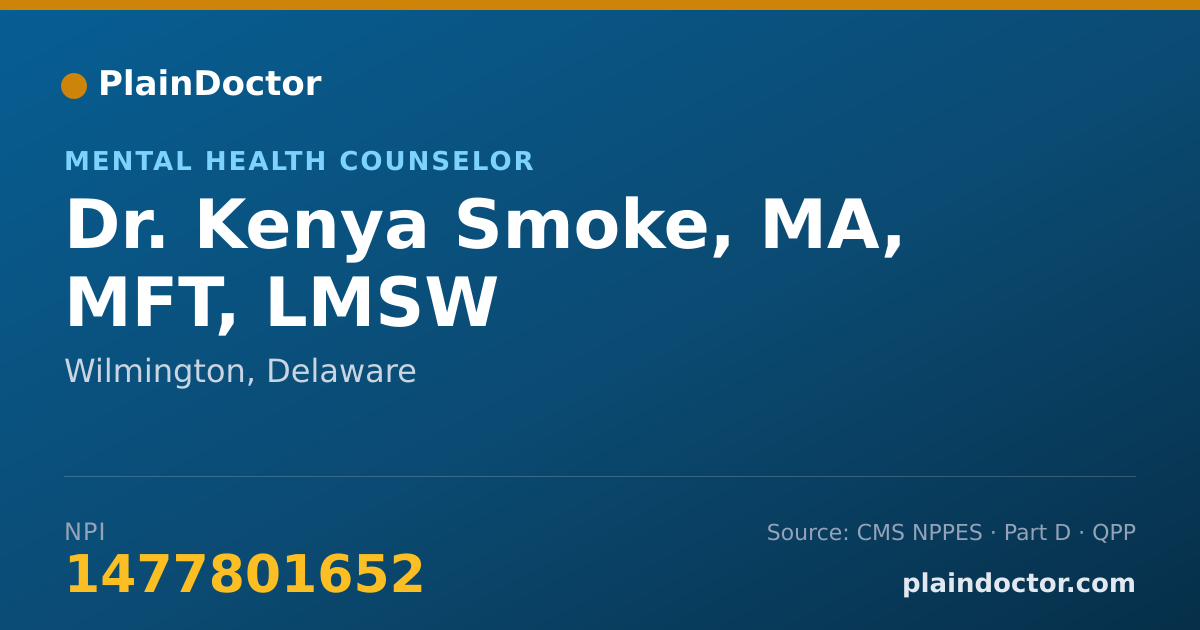 Shareable card for Kenya Smoke, MA, MFT, LMSW - Mental Health Counselor, Wilmington, DE