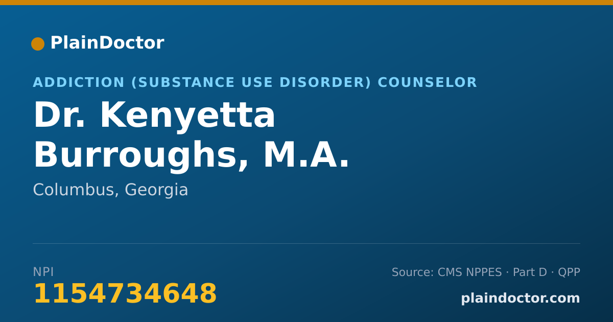 Shareable card for Kenyetta Burroughs, M.A. - Addiction (Substance Use Disorder) Counselor, Columbus, GA