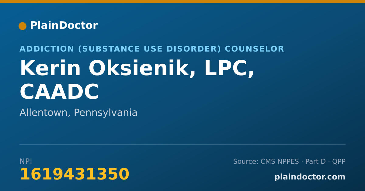 Shareable card for Kerin Oksienik, LPC, CAADC - Addiction (Substance Use Disorder) Counselor, Allentown, PA