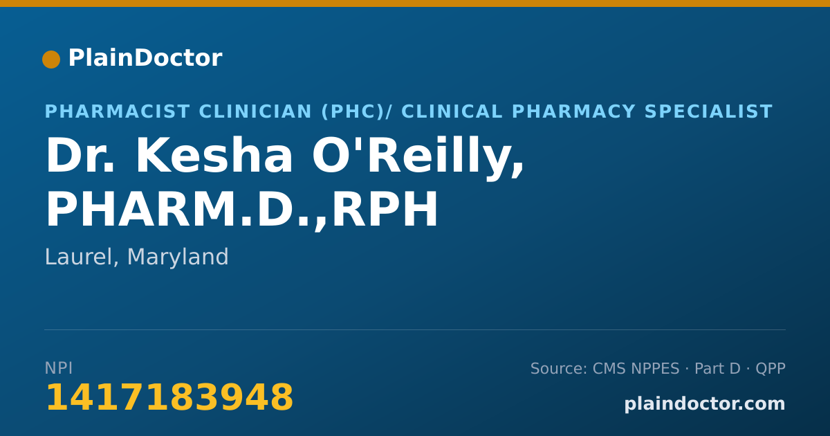 Shareable card for Kesha O'Reilly, PHARM.D.,RPH - Pharmacist Clinician (PhC)/ Clinical Pharmacy Specialist, Laurel, MD
