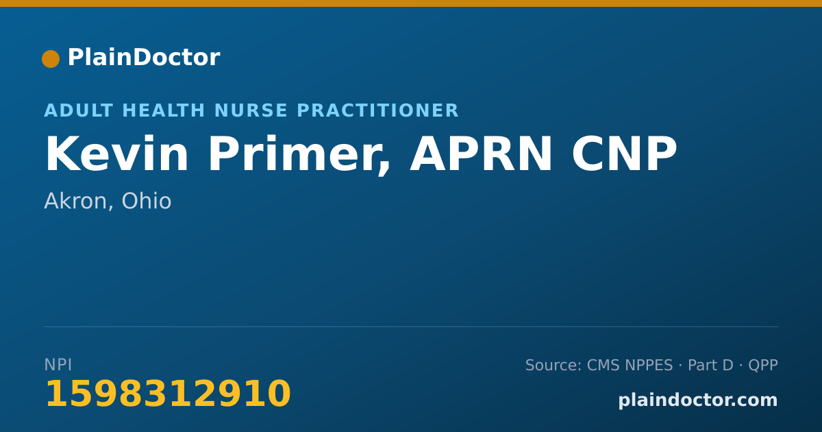 Shareable card for Kevin Primer, APRN CNP - Adult Health Nurse Practitioner, Akron, OH