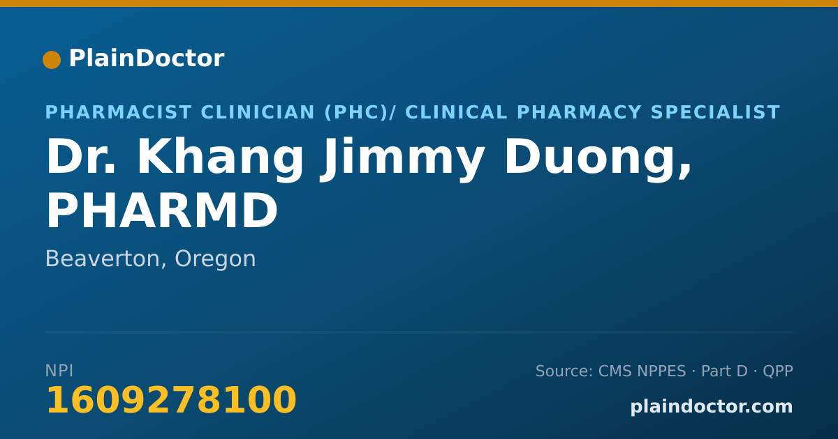 Shareable card for Khang Jimmy Duong, PHARMD - Pharmacist Clinician (PhC)/ Clinical Pharmacy Specialist, Beaverton, OR
