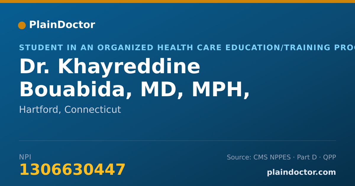 Shareable card for Khayreddine Bouabida, MD, MPH, PHD, - Student in an Organized Health Care Education/Training Program, Hartford, CT