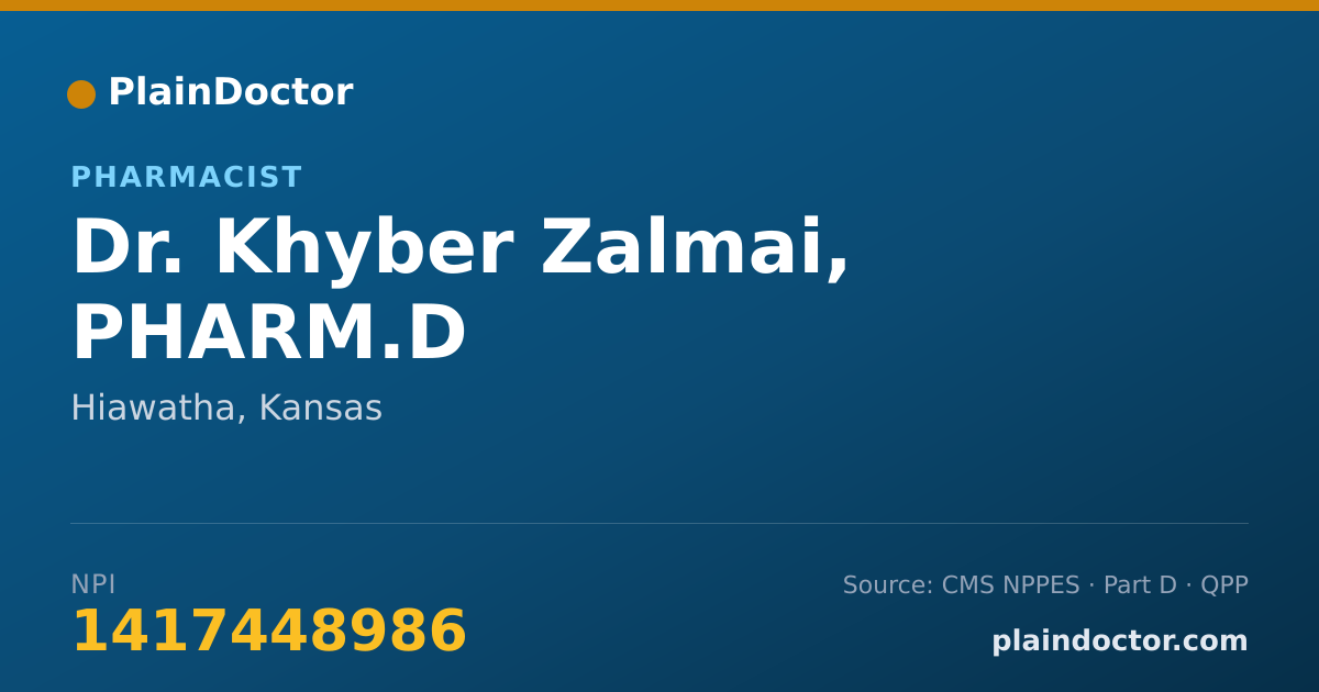 Shareable card for Khyber Zalmai, PHARM.D - Pharmacist, Hiawatha, KS