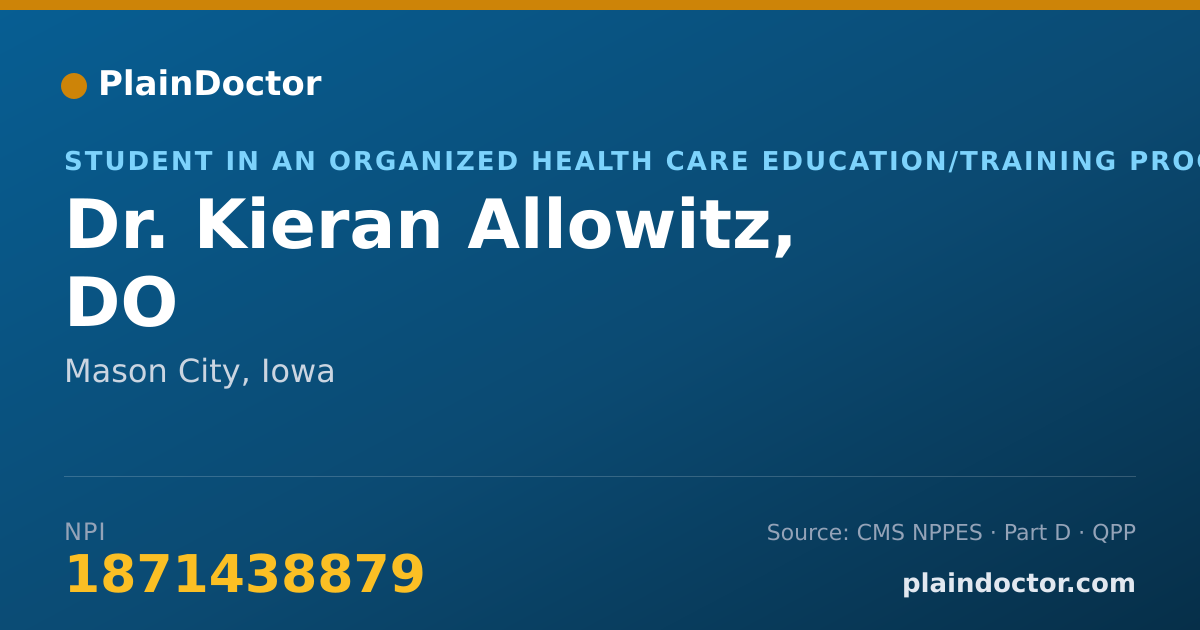 Shareable card for Kieran Allowitz, DO - Student in an Organized Health Care Education/Training Program, Mason City, IA