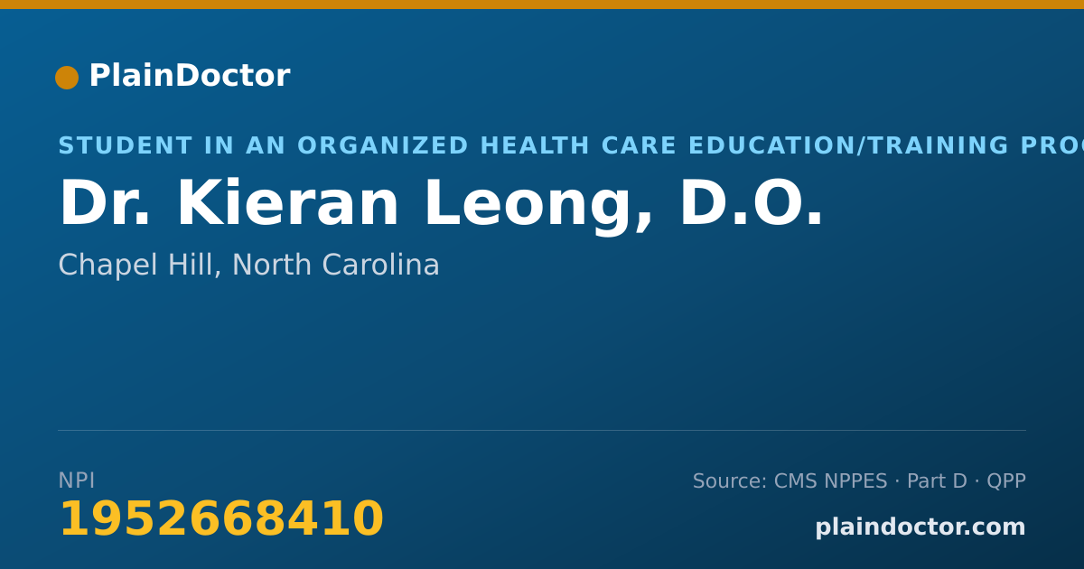 Shareable card for Kieran Leong, D.O. - Student in an Organized Health Care Education/Training Program, Chapel Hill, NC