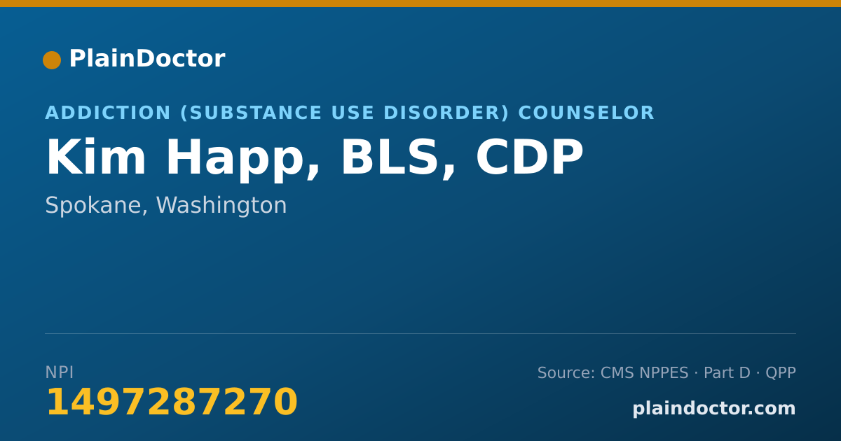 Shareable card for Kim Happ, BLS, CDP - Addiction (Substance Use Disorder) Counselor, Spokane, WA