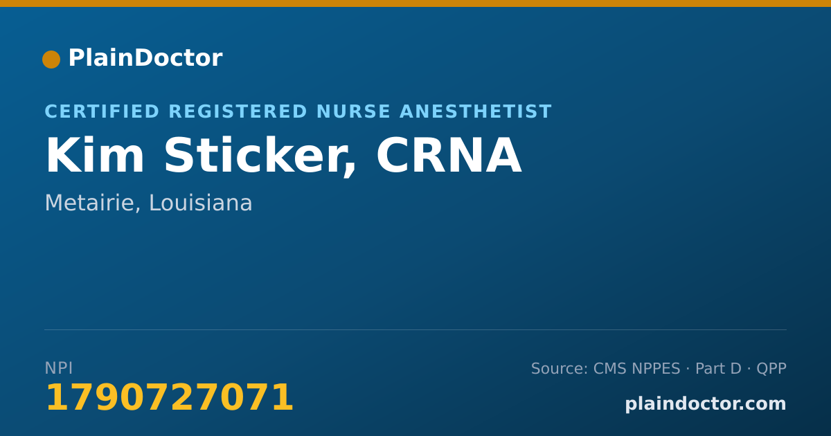Shareable card for Kim Sticker, CRNA - Certified Registered Nurse Anesthetist, Metairie, LA