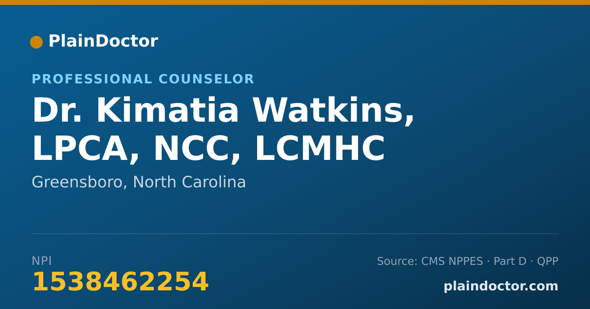 Shareable card for Kimatia Watkins, LPCA, NCC, LCMHC - Professional Counselor, Greensboro, NC