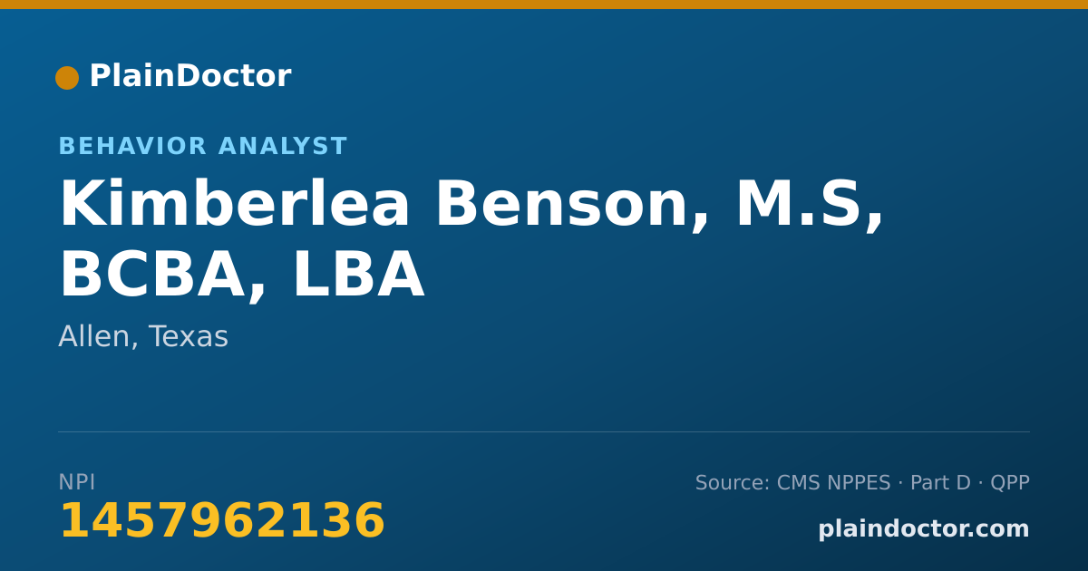Shareable card for Kimberlea Benson, M.S, BCBA, LBA - Behavior Analyst, Allen, TX
