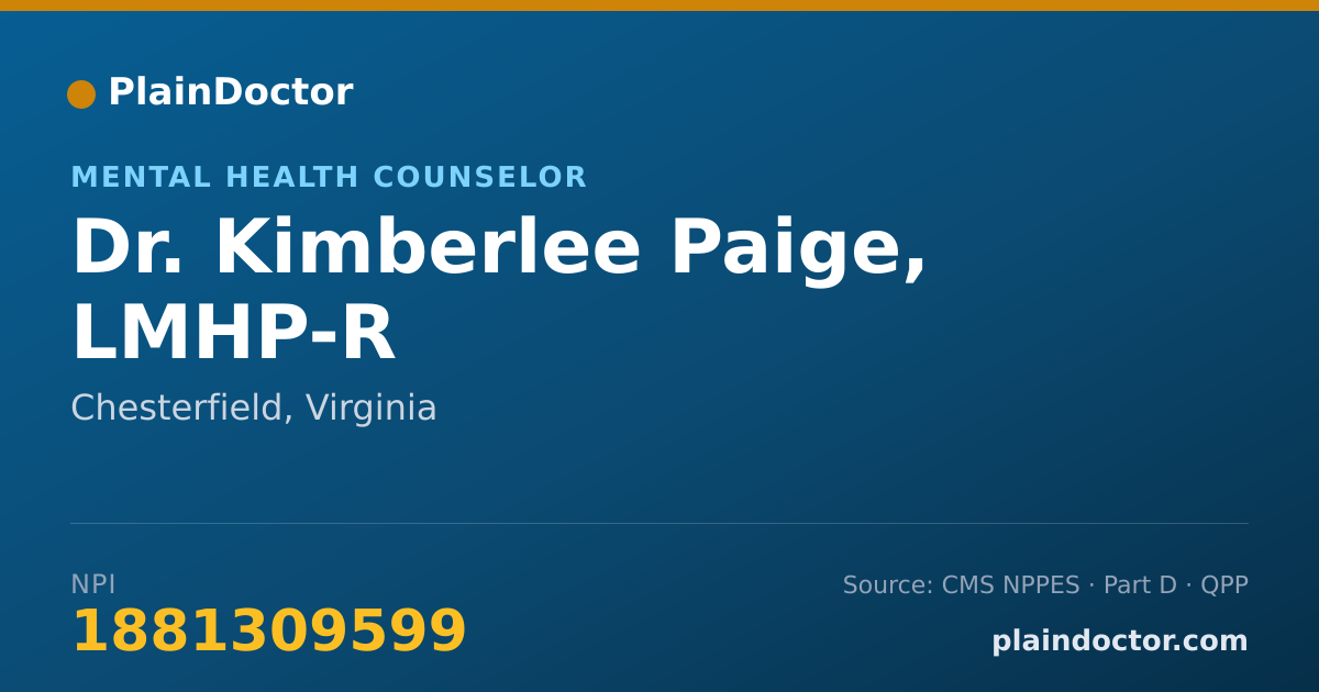 Shareable card for Kimberlee Paige, LMHP-R - Mental Health Counselor, Chesterfield, VA