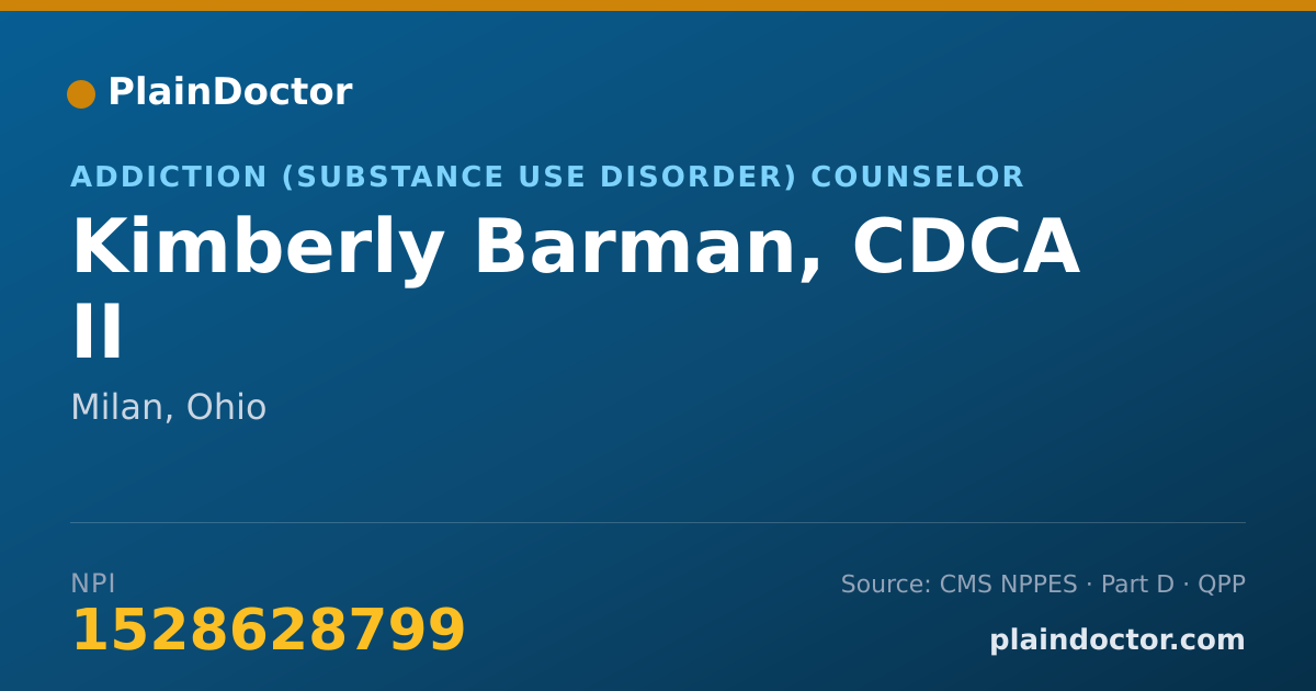 Shareable card for Kimberly Barman, CDCA II - Addiction (Substance Use Disorder) Counselor, Milan, OH