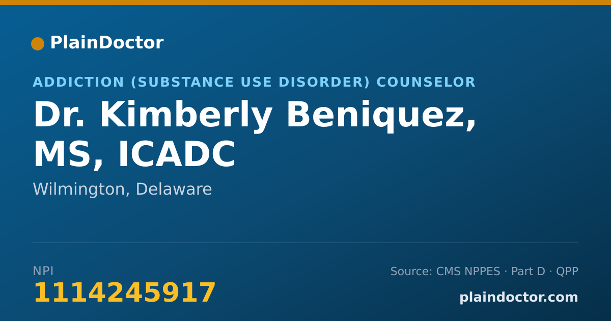 Shareable card for Kimberly Beniquez, MS, ICADC - Addiction (Substance Use Disorder) Counselor, Wilmington, DE