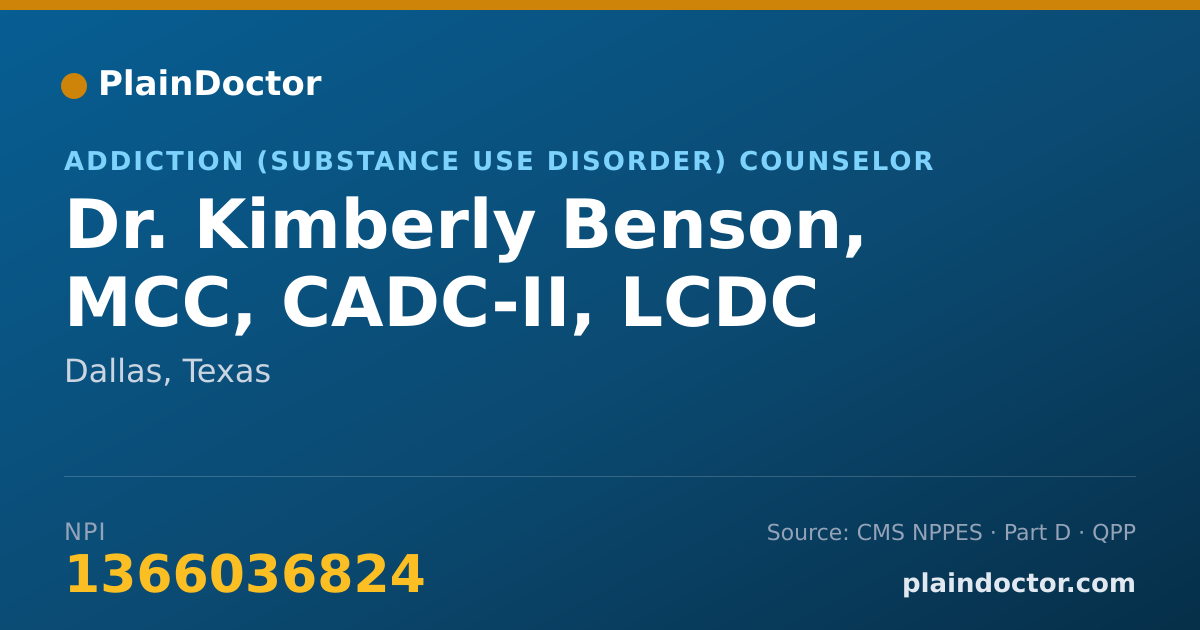 Shareable card for Kimberly Benson, MCC, CADC-II, LCDC - Addiction (Substance Use Disorder) Counselor, Dallas, TX