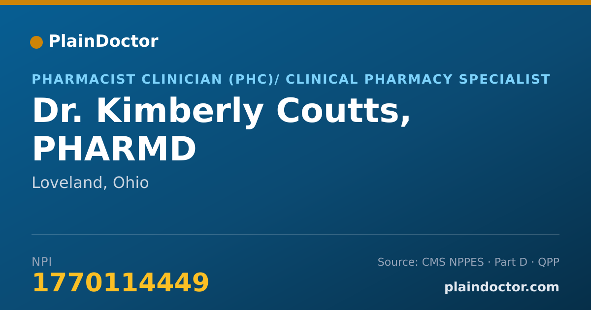 Shareable card for Kimberly Coutts, PHARMD - Pharmacist Clinician (PhC)/ Clinical Pharmacy Specialist, Loveland, OH