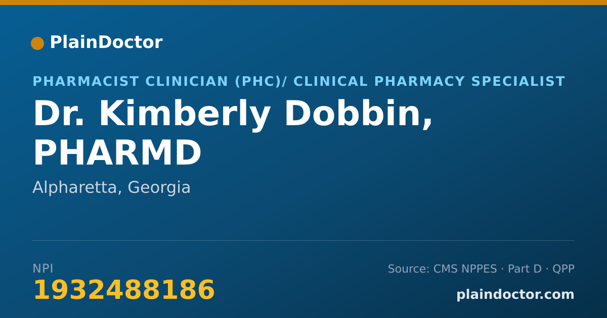 Shareable card for Kimberly Dobbin, PHARMD - Pharmacist Clinician (PhC)/ Clinical Pharmacy Specialist, Alpharetta, GA