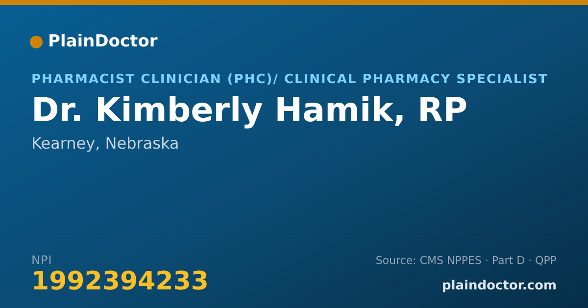 Shareable card for Kimberly Hamik, RP - Pharmacist Clinician (PhC)/ Clinical Pharmacy Specialist, Kearney, NE