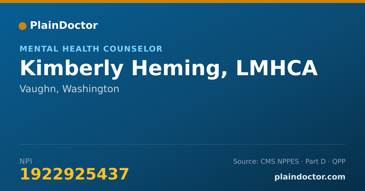 Shareable card for Kimberly Heming, LMHCA - Mental Health Counselor, Vaughn, WA