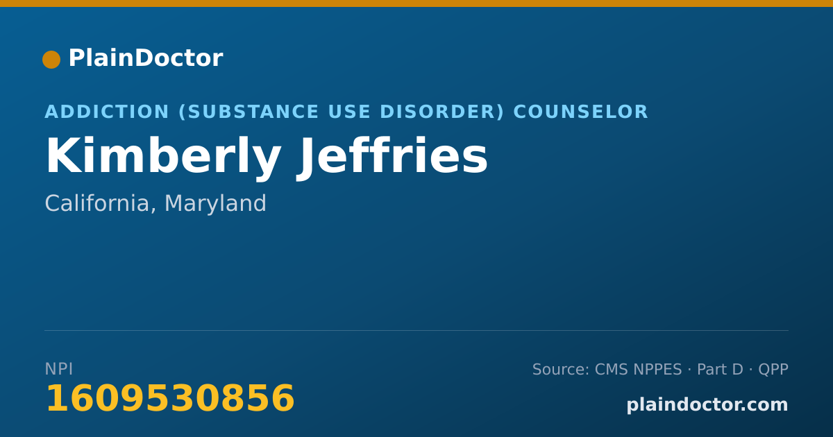 Shareable card for Kimberly Jeffries - Addiction (Substance Use Disorder) Counselor, California, MD