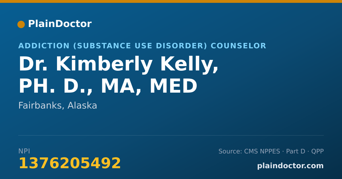 Shareable card for Kimberly Kelly, PH. D., MA, MED - Addiction (Substance Use Disorder) Counselor, Fairbanks, AK