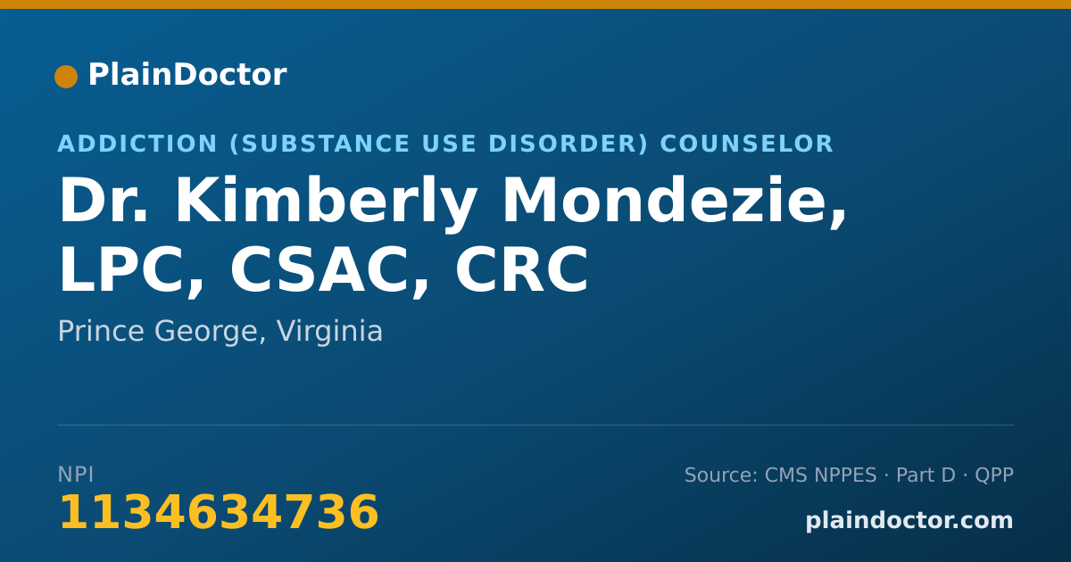 Shareable card for Kimberly Mondezie, LPC, CSAC, CRC - Addiction (Substance Use Disorder) Counselor, Prince George, VA