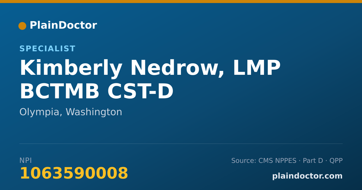 Shareable card for Kimberly Nedrow, LMP BCTMB CST-D - Specialist, Olympia, WA