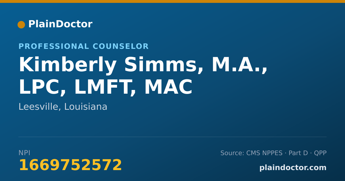 Shareable card for Kimberly Simms, M.A., LPC, LMFT, MAC - Marriage & Family Therapist, Leesville, LA
