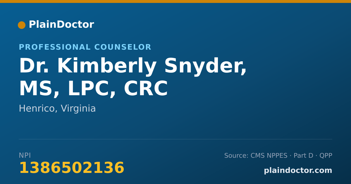 Shareable card for Kimberly Snyder, MS, LPC, CRC - Professional Counselor, Henrico, VA