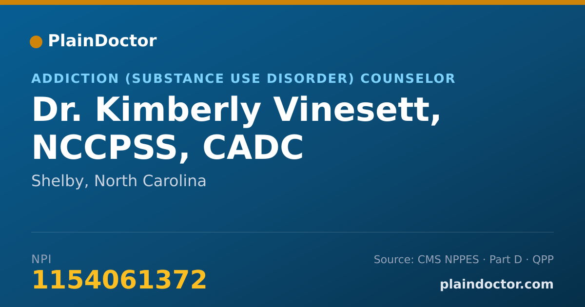 Shareable card for Kimberly Vinesett, NCCPSS, CADC - Addiction (Substance Use Disorder) Counselor, Shelby, NC