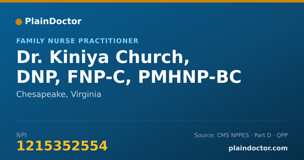 Shareable card for Kiniya Church, DNP, FNP-C, PMHNP-BC - Family Nurse Practitioner, Chesapeake, VA