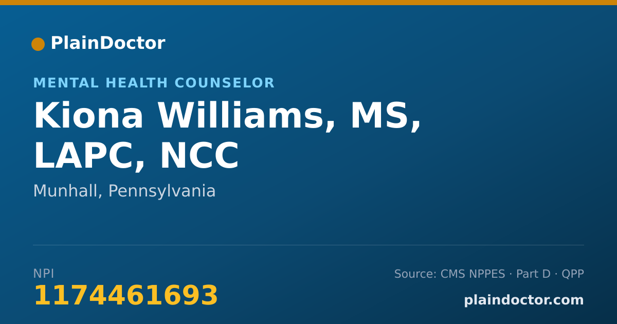 Shareable card for Kiona Williams, MS, LAPC, NCC - Mental Health Counselor, Munhall, PA