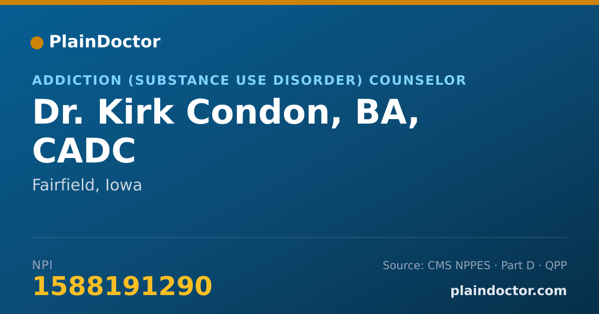 Shareable card for Kirk Condon, BA, CADC - Addiction (Substance Use Disorder) Counselor, Fairfield, IA