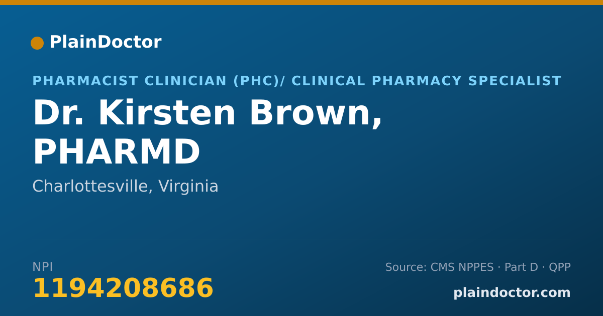 Shareable card for Kirsten Brown, PHARMD - Pharmacist Clinician (PhC)/ Clinical Pharmacy Specialist, Charlottesville, VA
