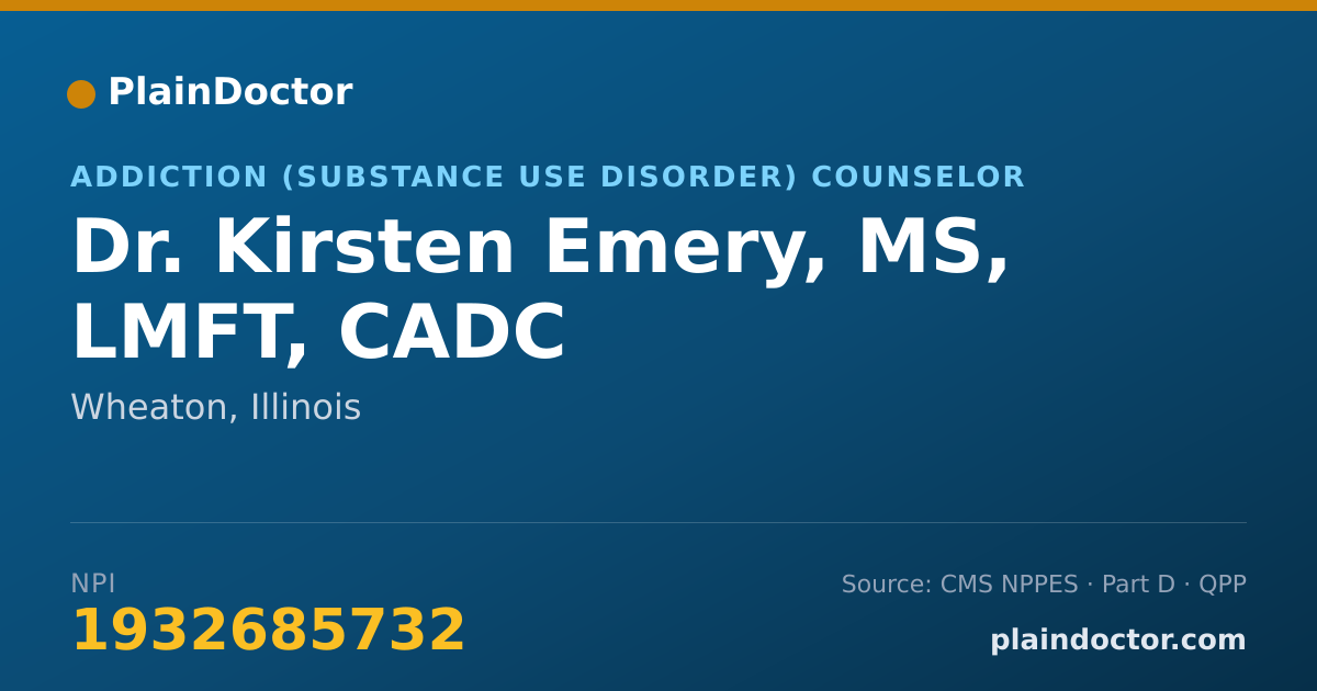 Shareable card for Kirsten Emery, MS, LMFT, CADC - Addiction (Substance Use Disorder) Counselor, Wheaton, IL