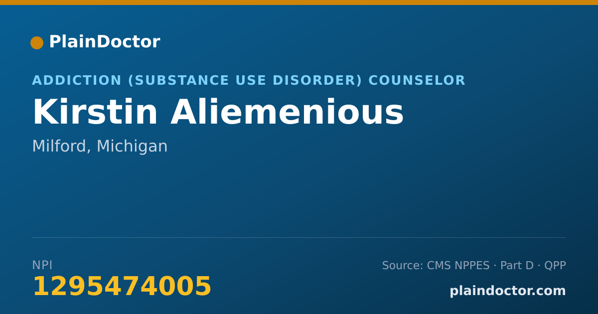 Shareable card for Kirstin Aliemenious - Addiction (Substance Use Disorder) Counselor, Milford, MI