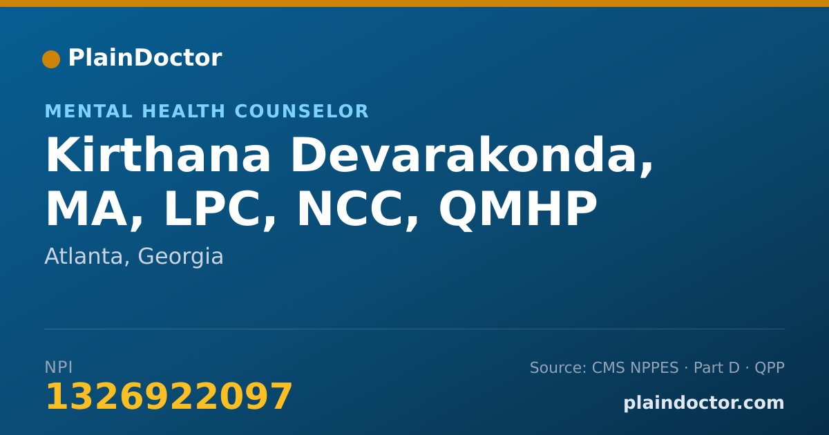 Shareable card for Kirthana Devarakonda, MA, LPC, NCC, QMHP - Mental Health Counselor, Atlanta, GA