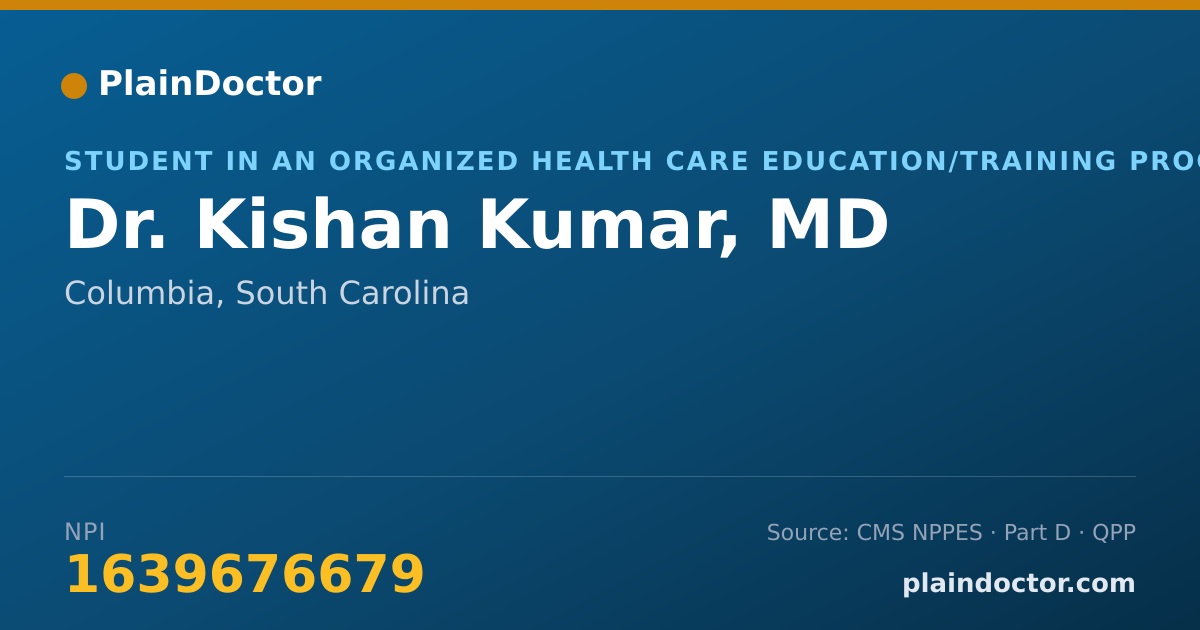 Shareable card for Kishan Kumar, MD - Student in an Organized Health Care Education/Training Program, Columbia, SC