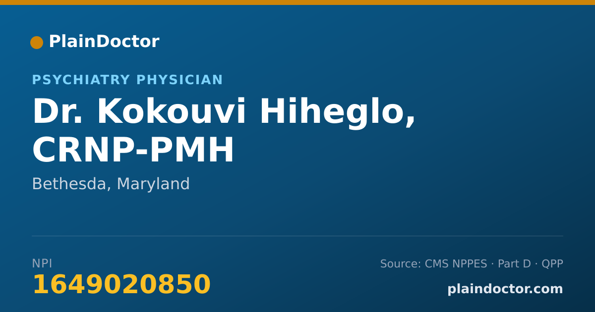 Shareable card for Kokouvi Hiheglo, CRNP-PMH - Psychiatry Physician, Bethesda, MD