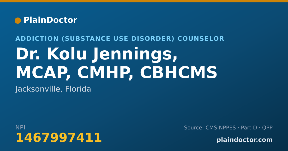 Shareable card for Kolu Jennings, MCAP, CMHP, CBHCMS - Addiction (Substance Use Disorder) Counselor, Jacksonville, FL