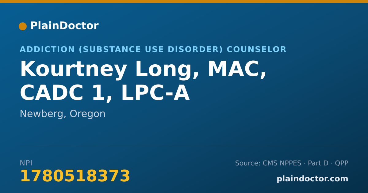 Shareable card for Kourtney Long, MAC, CADC 1, LPC-A - Addiction (Substance Use Disorder) Counselor, Newberg, OR