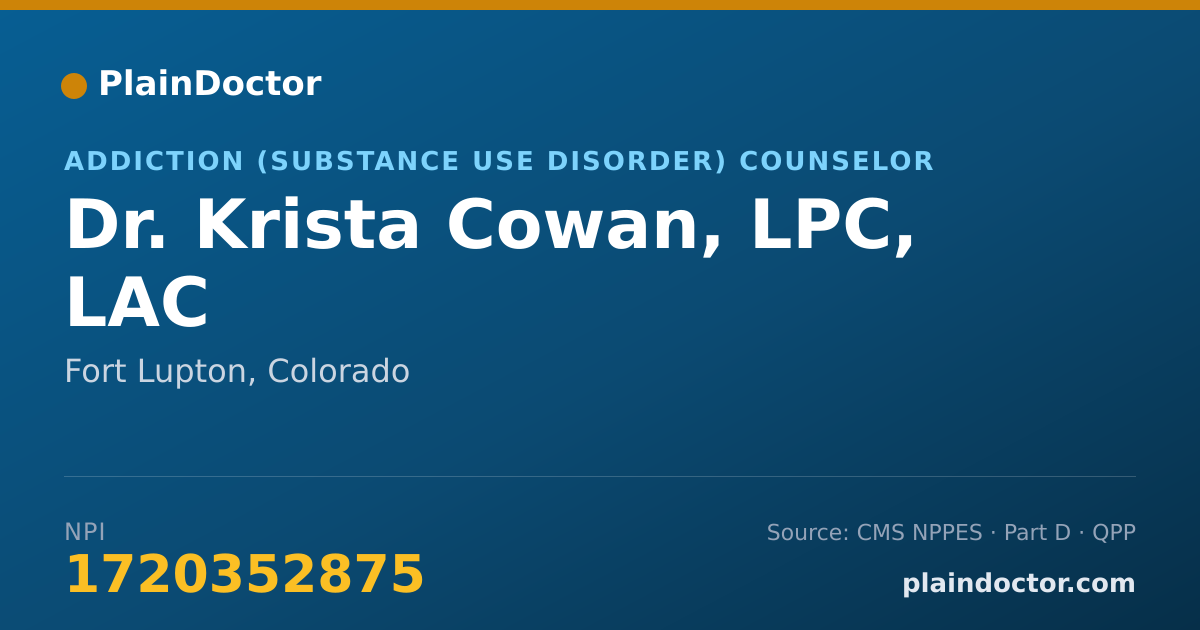 Shareable card for Krista Cowan, LPC, LAC - Addiction (Substance Use Disorder) Counselor, Fort Lupton, CO