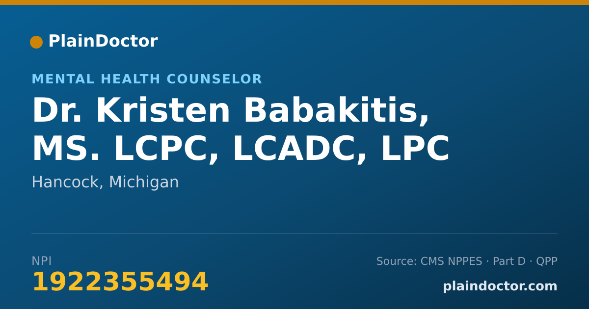 Shareable card for Kristen Babakitis, MS. LCPC, LCADC, LPC - Mental Health Counselor, Hancock, MI